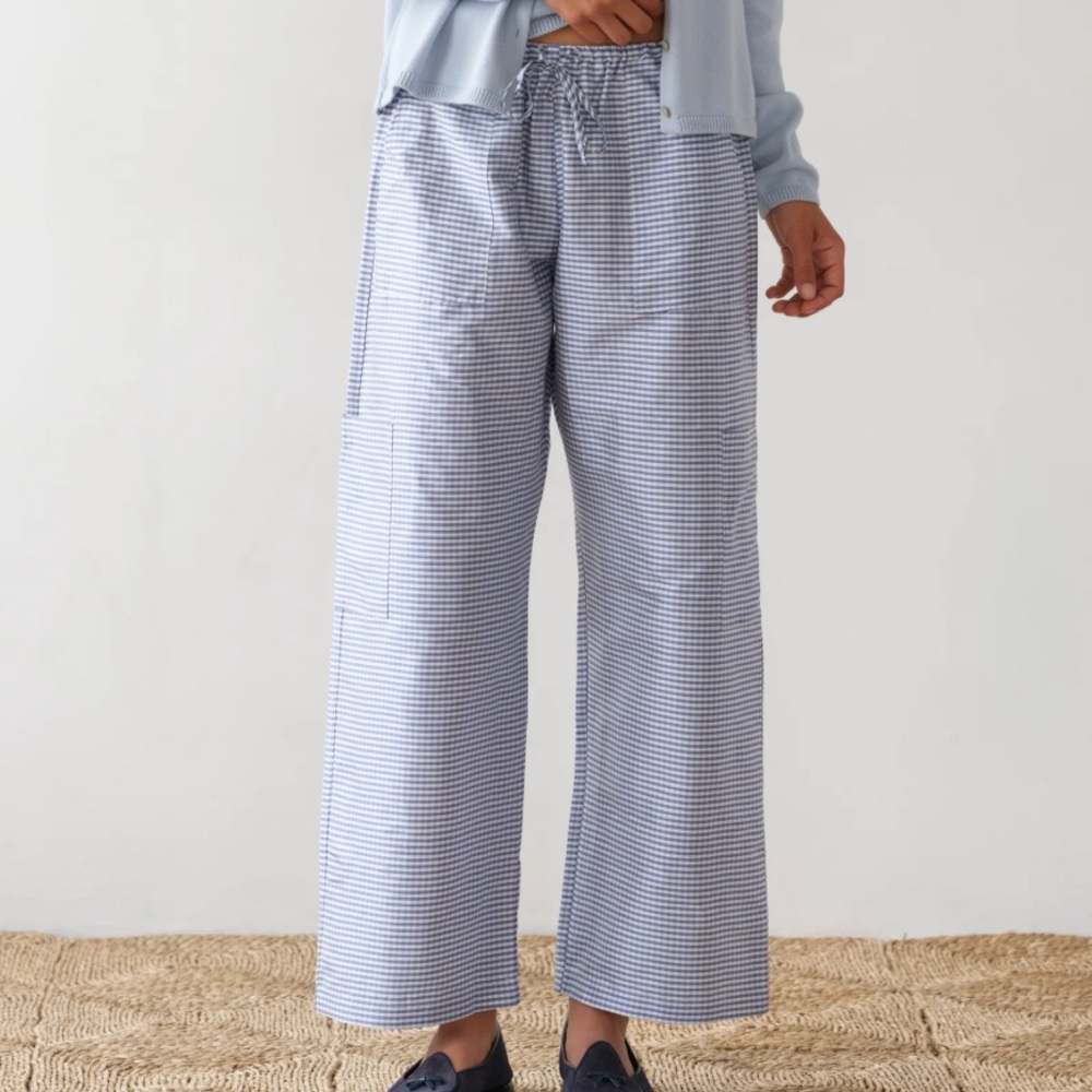 DONNI. Blue Gingham Taffeta Drawstring Cargo Pant
